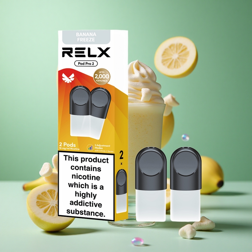 Dessert-Banan Fryse RELX Pod Pro 2 Munnstykker med 1,9ml kapasitet og 3 spenningsjusteringer
