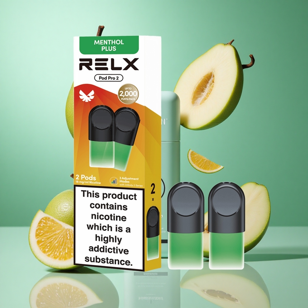 Mynte-Mentol Pluss RELX Pod Pro 2 med 1,9ml kapasitet og 1,8% nikotin